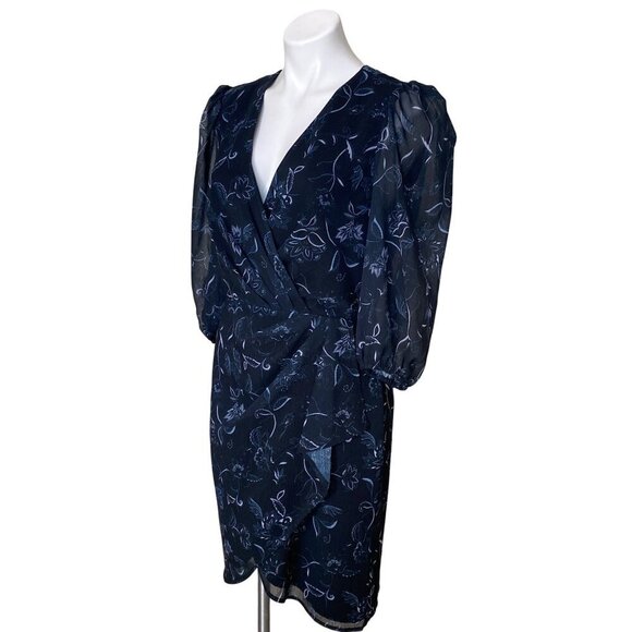 Halogen Navy Floral Wrap Dress, Sheer Puff Sleeves & Tulip Hem Women's Size M - Picture 8 of 10